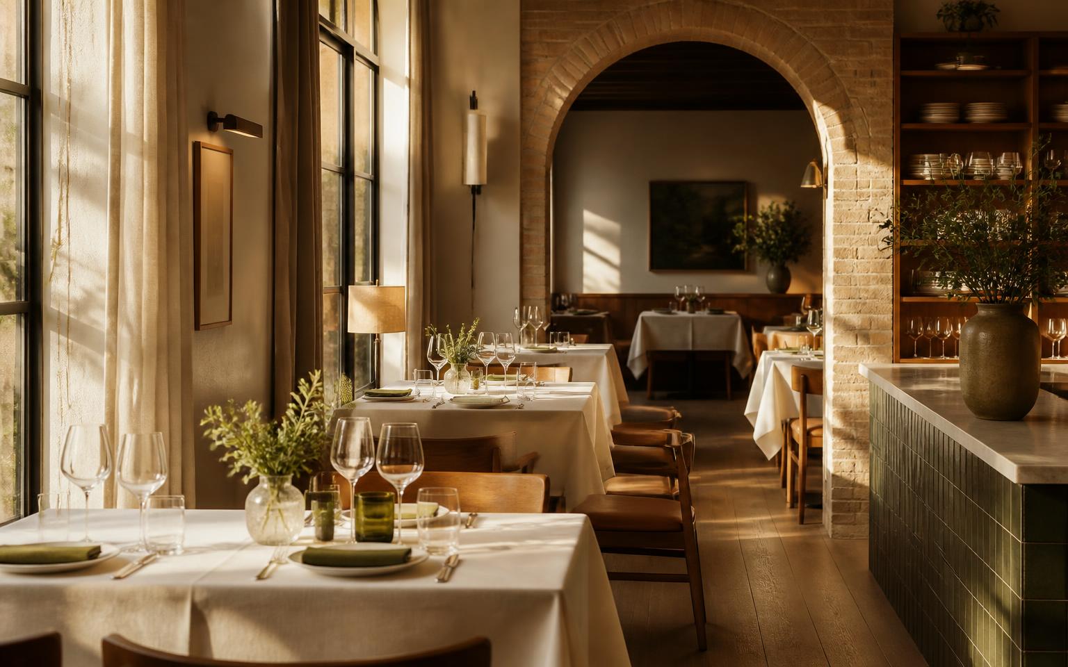 A warm dining room with linen-dressed tables and soft golden light