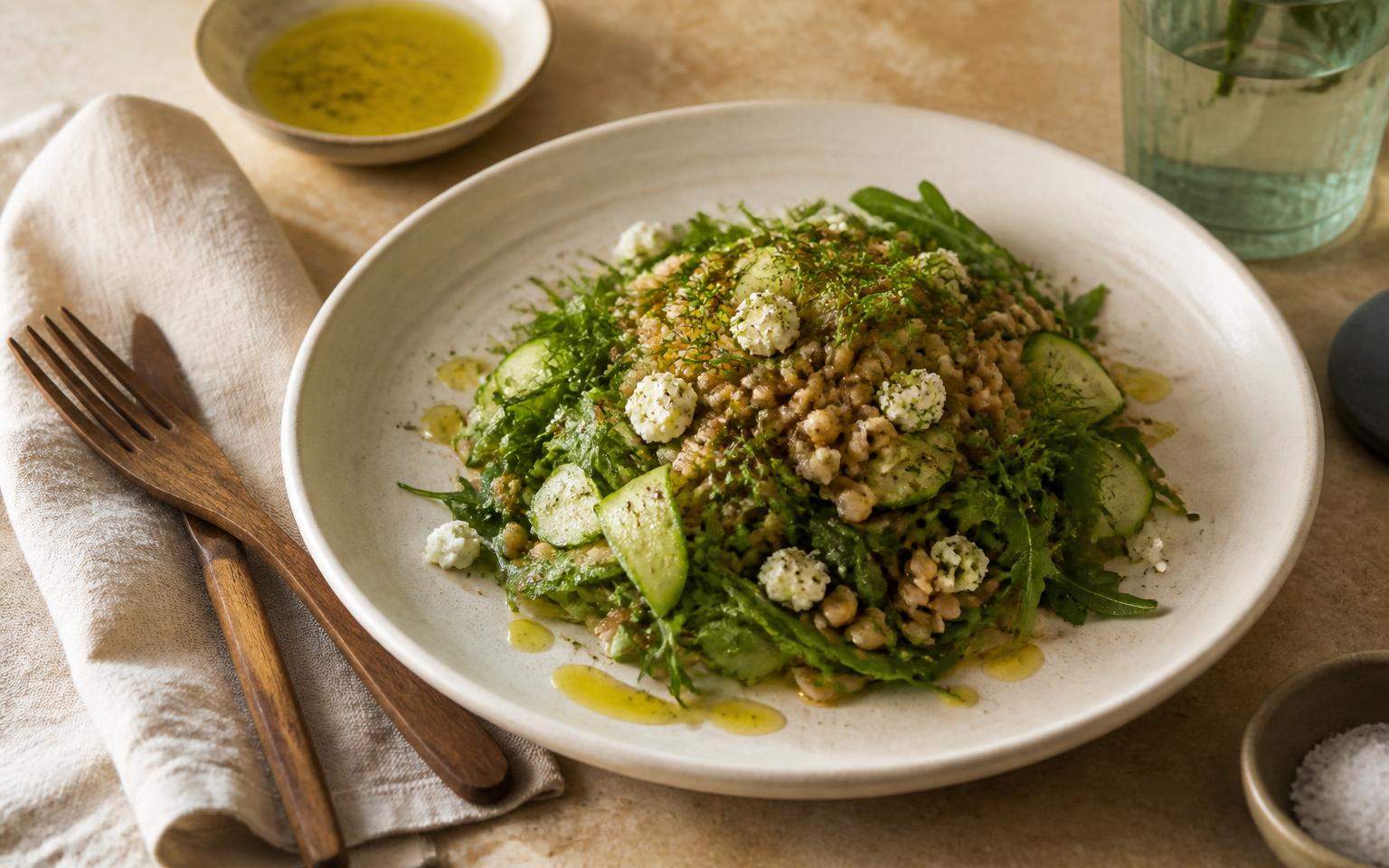 A seasonal grain salad with fresh greens, cucumber and olive oil on a stone table