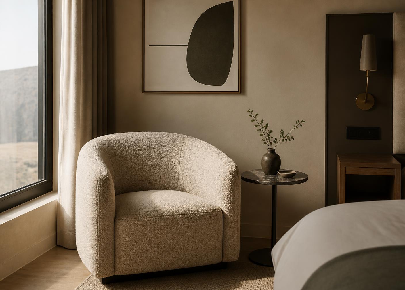 A sculptural hotel room armchair in warm neutral boucle fabric beside a window with soft natural light