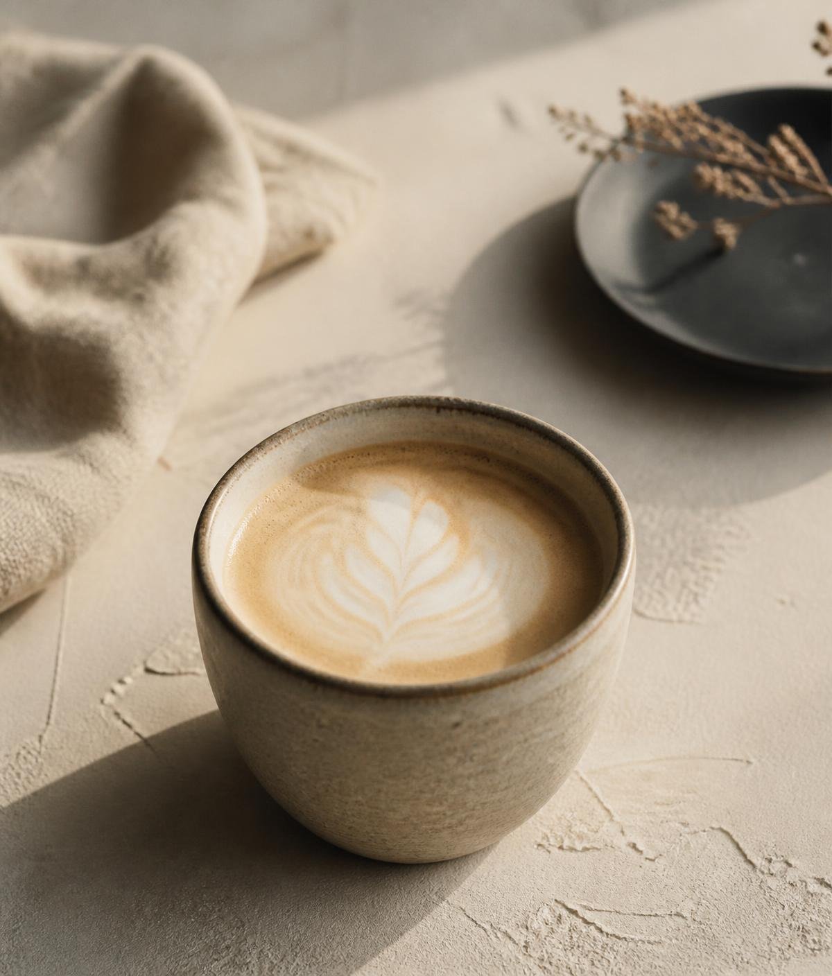 A strong almond cappuccino in a stoneware cup on a warm plaster table