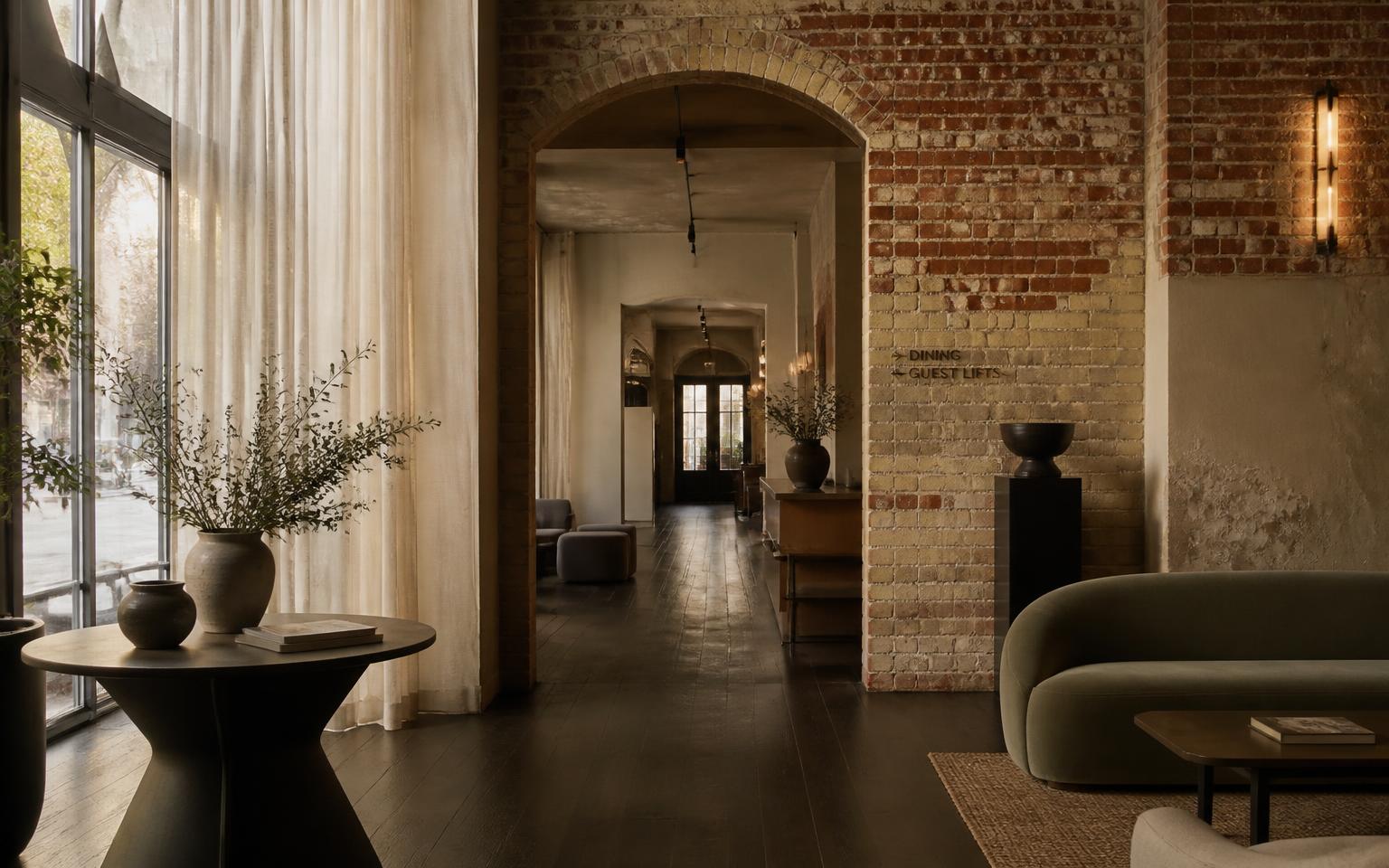 A quiet heritage hotel lobby with brick arches, olive seating and soft daylight